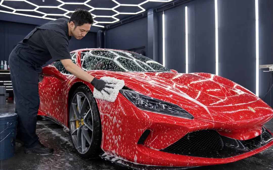 赤いフェラーリF8を泡とムートンで手洗いするスタッフ