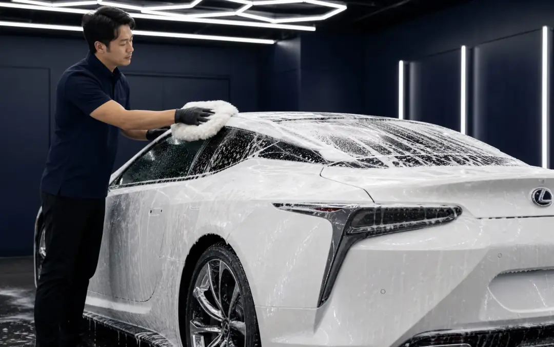 泡とムートンで車をやさしく手洗いする様子