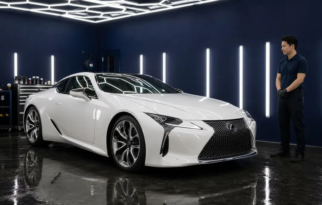 手洗い洗車と簡易ガラスコーティングが完成した艶のある車全体