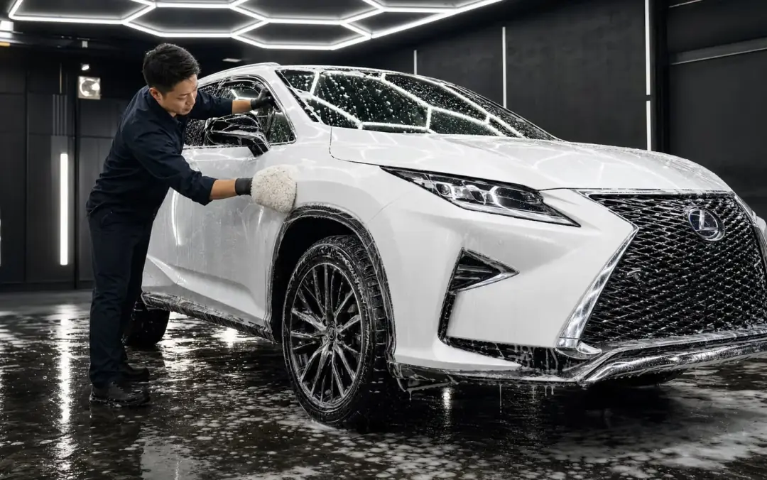 白いレクサスRXを泡とムートンで手洗い洗車している様子